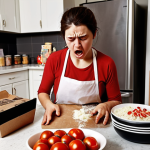 **

*   **Prompt:** A kitchen scene. A person is rushing around, looking stressed, with half the ingredients for a festive meal missing. Some bruised tomatoes are visible on the counter. Online grocery delivery boxes are nearby, some open, some unopened. The scene should convey frustration and the need to quickly run to a physical store.

**