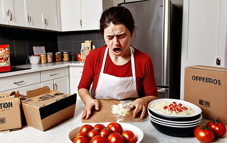 **

*   **Prompt:** A kitchen scene. A person is rushing around, looking stressed, with half the ingredients for a festive meal missing. Some bruised tomatoes are visible on the counter. Online grocery delivery boxes are nearby, some open, some unopened. The scene should convey frustration and the need to quickly run to a physical store.

**