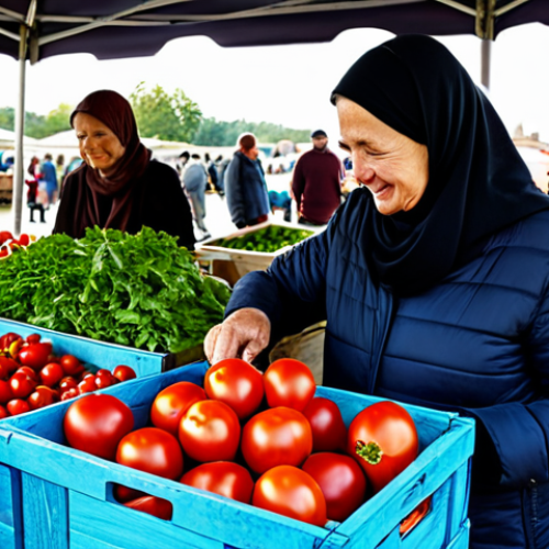 Home 14 A friendly adult woman, fully clothed in modest, comfortable everyday attire, carefully selecting vibrant red tomatoes from a wooden crate at a bustling outdoor farmers' market. The market stalls are brimming with an abundance of fresh, locally grown vegetables, fruits, and artisanal products, illuminated by natural sunlight. Other shoppers and a friendly farmer are visible in the background, all fully clothed in appropriate attire. Natural pose, correct proportions, perfect anatomy, well-formed hands, proper finger count, natural body proportions. Professional photography, high quality, vibrant colors, natural lighting, sharp focus, safe for work, appropriate content, family-friendly.