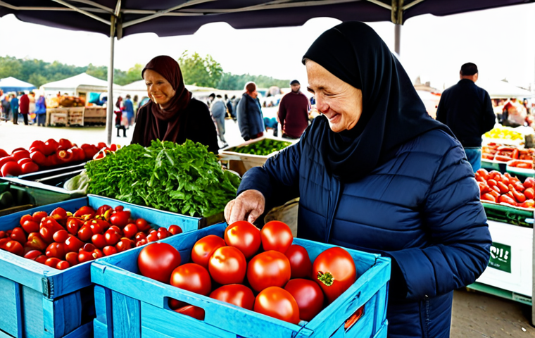 A friendly adult woman, fully clothed in modest, comfortable everyday attire, carefully selecting vibrant red tomatoes from a wooden crate at a bustling outdoor farmers' market. The market stalls are brimming with an abundance of fresh, locally grown vegetables, fruits, and artisanal products, illuminated by natural sunlight. Other shoppers and a friendly farmer are visible in the background, all fully clothed in appropriate attire. Natural pose, correct proportions, perfect anatomy, well-formed hands, proper finger count, natural body proportions. Professional photography, high quality, vibrant colors, natural lighting, sharp focus, safe for work, appropriate content, family-friendly.
