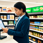 A professional-looking adult in modest business casual attire, thoughtfully examining a digital price display or a grocery receipt at a modern, well-lit supermarket checkout counter. The setting is clean and organized, with neatly stacked products in the background. The individual appears focused, representing the impact of rising costs on consumer decisions. fully clothed, appropriate attire, safe for work, appropriate content, professional, perfect anatomy, correct proportions, natural pose, well-formed hands, proper finger count, natural body proportions, professional photography, high quality.