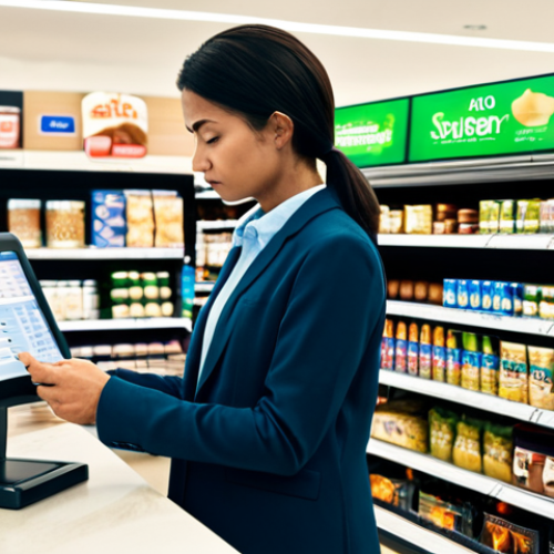 Home 7 A professional-looking adult in modest business casual attire, thoughtfully examining a digital price display or a grocery receipt at a modern, well-lit supermarket checkout counter. The setting is clean and organized, with neatly stacked products in the background. The individual appears focused, representing the impact of rising costs on consumer decisions. fully clothed, appropriate attire, safe for work, appropriate content, professional, perfect anatomy, correct proportions, natural pose, well-formed hands, proper finger count, natural body proportions, professional photography, high quality.