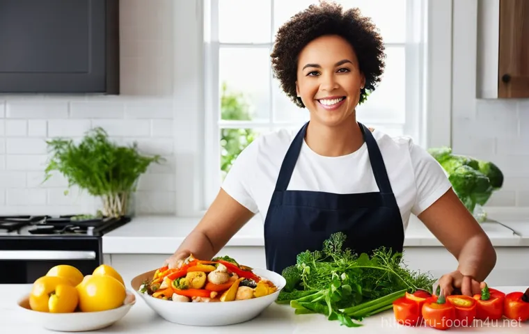 저지방 요리법과 식자재 - **Prompt:** A cheerful young woman, approximately 25-35 years old, with a radiant smile and naturall...