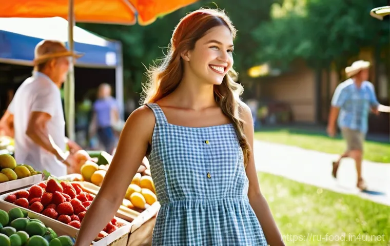 영양소가 풍부한 과일 - **Vibrant Farmers Market with Summer Abundance**:
    "A lively, sun-drenched scene at a bustling ou...