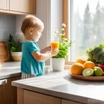 Home 16 유기농 식자재 브랜드 추천 - **Prompt:** A cozy and brightly lit kitchen in a modern Russian home. A family, consisting of a moth...