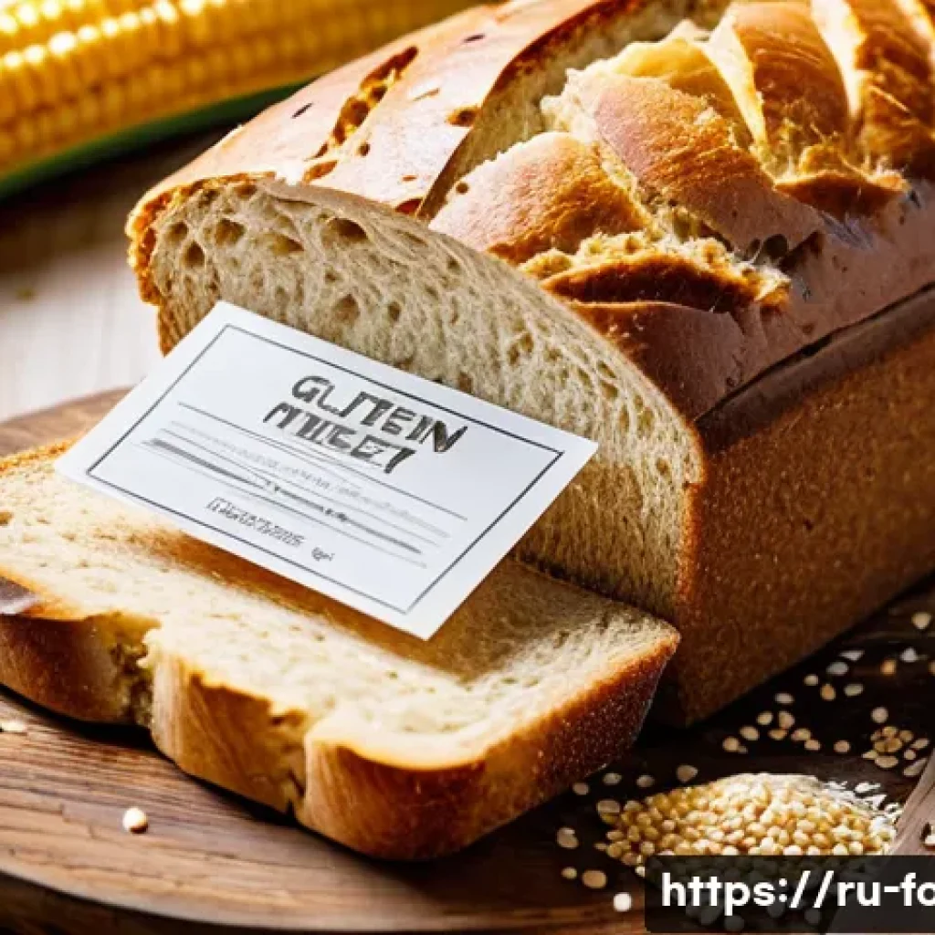 식품의  글루텐  함유 여부 확인 - A detailed close-up of a gluten-free labeled bread package on a rustic wooden table, surrounded by g...