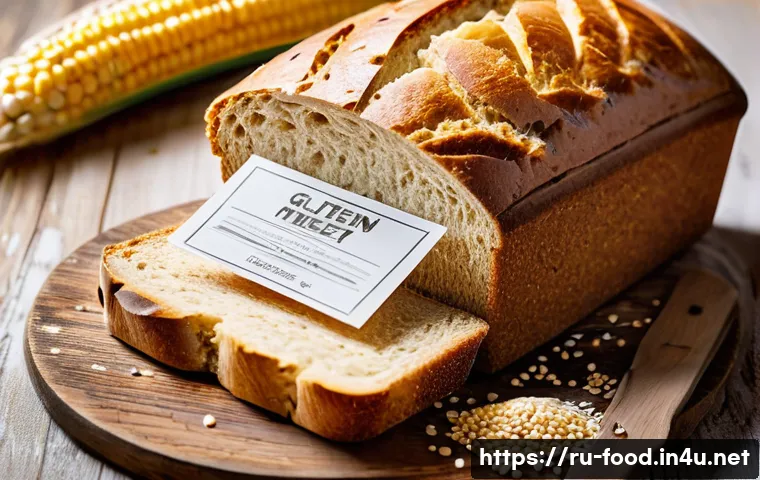 식품의  글루텐  함유 여부 확인 - A detailed close-up of a gluten-free labeled bread package on a rustic wooden table, surrounded by g...