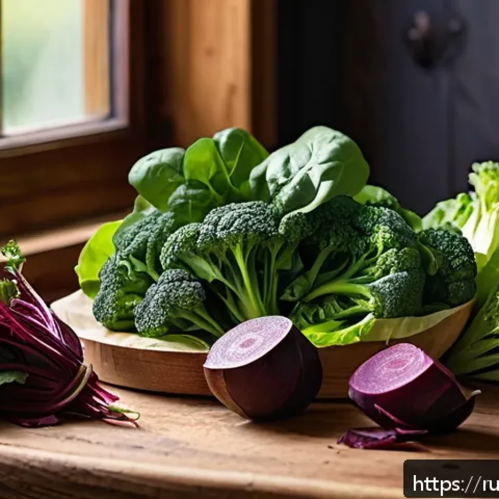 고혈압 예방을 위한 식자재 - A vibrant still life composition featuring fresh vegetables and leafy greens known for supporting ca...