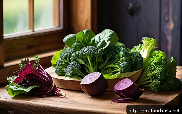 고혈압 예방을 위한 식자재 - A vibrant still life composition featuring fresh vegetables and leafy greens known for supporting ca...