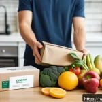 식자재 배송 서비스 비교 - A modern grocery delivery scene featuring a diverse assortment of fresh fruits, vegetables, organic ...