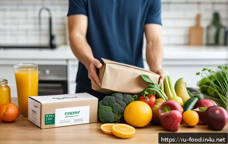 식자재 배송 서비스 비교 - A modern grocery delivery scene featuring a diverse assortment of fresh fruits, vegetables, organic ...