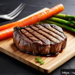 프리미엄 고기 브랜드 - A premium Wagyu beef steak on a rustic wooden cutting board, showcasing intricate marbling and a glo...