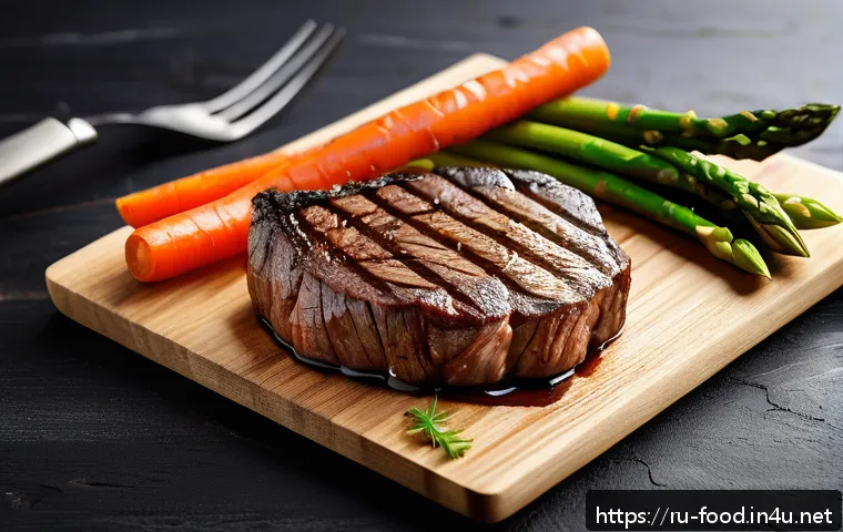 프리미엄 고기 브랜드 - A premium Wagyu beef steak on a rustic wooden cutting board, showcasing intricate marbling and a glo...