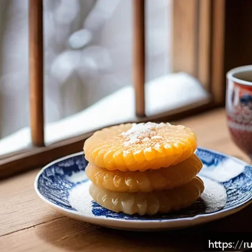 다양한 종류의 떡과 그 효능 - A cozy Russian kitchen setting featuring a traditional homemade rice tteok dessert on a rustic woode...
