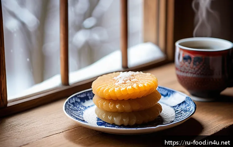 다양한 종류의 떡과 그 효능 - A cozy Russian kitchen setting featuring a traditional homemade rice tteok dessert on a rustic woode...