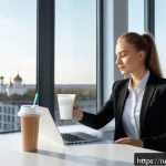 식사 대용 식품의 장단점 - A modern office setting with a young Russian professional woman taking a quick meal replacement shak...