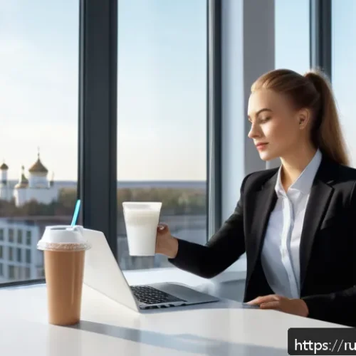 식사 대용 식품의 장단점 - A modern office setting with a young Russian professional woman taking a quick meal replacement shak...