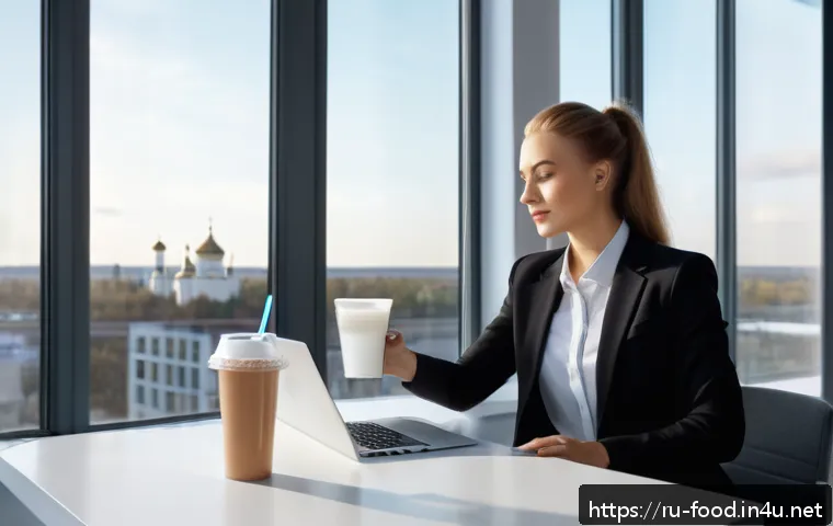 식사 대용 식품의 장단점 - A modern office setting with a young Russian professional woman taking a quick meal replacement shak...