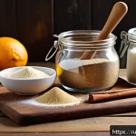 밀가루 대체 식자재 - A rustic kitchen scene showcasing a variety of natural gluten-free baking ingredients arranged on a ...