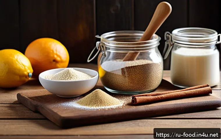 밀가루 대체 식자재 - A rustic kitchen scene showcasing a variety of natural gluten-free baking ingredients arranged on a ...