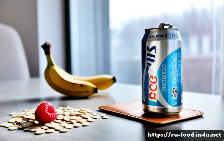 에너지 드링크와 건강 - Photorealistic health-conscious still life on a modern Russian apartment kitchen table: an unbranded...